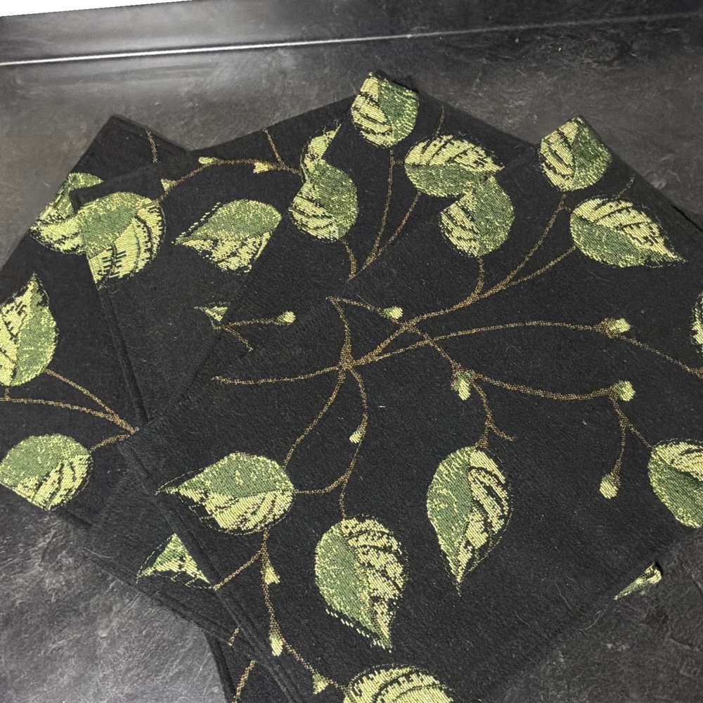 4 Vintage Botanical Leaf Tapestry Placemats Blk/Green Woven Mats Jacquard-Style
